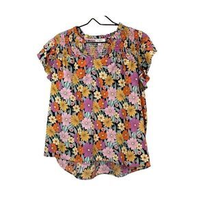 Umgee Top Size Large Mixed Colorful Floral Print Smocked Boho